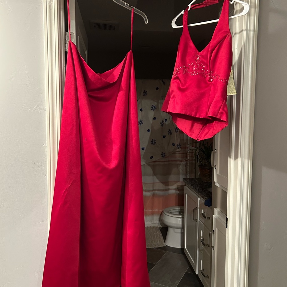 Alexia Designs Vibrant Red Ensemble of Halter Top and Long Skirt